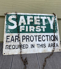 Vintage Safety First Battered Factory Hanging Chain  Metal Sign Industrial Shop picture
