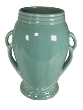 Vintage 1940s RRPC American Pottery Art Deco Green Glaze 2 Handled Vase 8