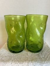 Vintage Blenko Dimpled Crackle Hand Blown Glasses 2 Green Glass 10” Tumblers EUC picture