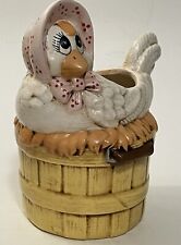 Vintage Ceramic Handmade Chicken Hen Sitting on Basket Country Folk Art Planter picture
