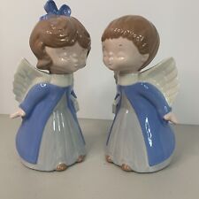 Vintage Ceramic Glazed Kissing Angels Blue Hand Painted Christmas picture