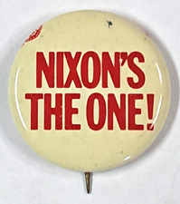 Vintage 1 1/8 inch metal pinback button political NIXON'S THE ONE picture