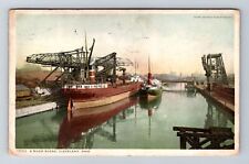 Cleveland OH-Ohio, River Scene, Barge at Dock, Antique Vintage Souvenir Postcard picture