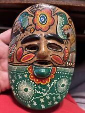 Vtg Mexican Mask Clay Pottery Hand Painted Birds Colorful Folk Art Wall Hanging picture