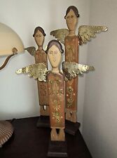 Vtg x3 Unique Mexican MEXICO Folk Art Hand-painted CARVED WOOD & TIN Tall ANGELS picture