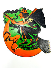 vtg Halloween 30s 40s BEISTLE embossed diecut witch on broom over moon picture