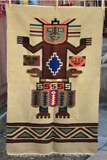 Vintage Woven Wool Native Aztec Mayan Wall Hanging Tapestry Rug Mexico 45”x 27” picture