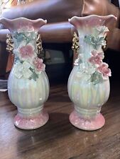 Set Of  Vintage Ceramic Iridescent Opalescent Floral Vases picture