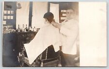 Real Photo Postcard~Vintage Barber Shop Interior~Boy Gets Hair Cut~c1905 RPPC picture