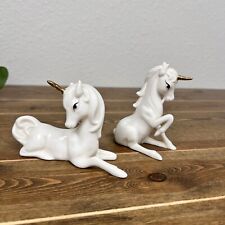 Vintage Enesco White Unicorn Pair with Gold Horns circa 1980's picture