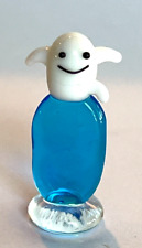 Mini Miniature Glass Tiny White GHOST Sitting on Blue Pedestal  1 1/4