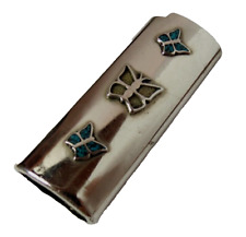 VINTAGE TURQUOISE CHIP INLAY BUTTERFLY NICKEL SILVER LIGHTER CASE 2 5/8