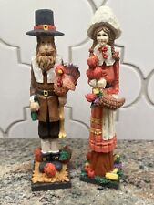 Wood-look Resin Thanksgiving Pilgrim Figurine Man& Woman Couple Vintage picture