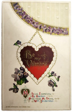 Antique Postcard Be My Valentine Featuring a Red Heart Necklace 1914 Embossed picture
