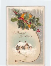 Postcard A Happy Christmas Winter Scene Christmas Holly Embossed Card picture