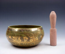 Vintage Tibetan Green Glazed Brass Gold Gilt Chakra LARGE Singing Bowl #07091601 picture