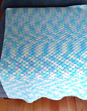 Hand Crocheted Pastel Blue, Yellow Violet. White Baby Quilt-Throw 51