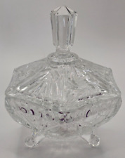 Large Vintage Irena Footed Hexagon Crystal Candy Dish  W/ lid.  pinwheel etched picture