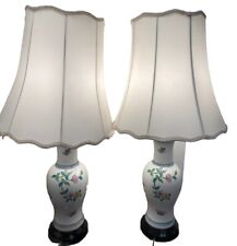 Pair VTG Chinese Chinoiserie Table Lamp Porcelain White / Flowers & Butterflies picture