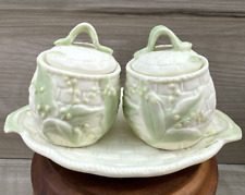Rare International Bazaar set of Ceramic LILY OF THE VALLEY COVERED JARS W/PLAT picture