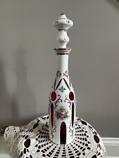 Vintage Bohemian White To Ruby Glass Decanter With Hand Painted Flowers picture
