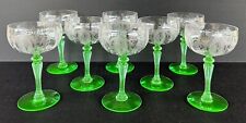 Tiffin Glass Classic Green Uranium Stem Nymph Etched Champagne Glasses Set of 8 picture