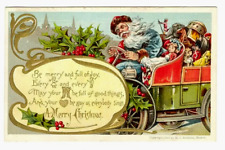 Blue Robe Santa Claus~in Old Car with Toys~Antique~Christmas  Postcard ~k268 picture