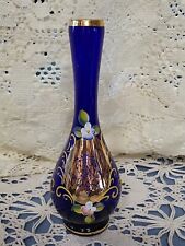 Bohemian Cobalt Blue Hand Painted Gold Floral Enamel Art Glass Bud Vase picture