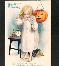 Black Magic Book Halloween Greeting Clapsaddle Wolf No 1 Girl w/ Mirror PostCard picture