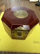 Japanese Lacquered Octagon Wood and Brass Jewelry Box, 5”x5”x3” picture