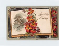 Postcard Birthday Greetings Homestead & Flower Art Print Embossed Card picture
