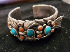 Native American Jack Tom Navajo  Silver Coral Turquoise Watch Bracelet picture