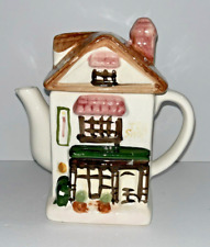 Vintage Tea Shop Ceramic Teapot Cottage House Shape w/ Lid Hand Painted picture