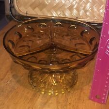 Vintage MCM Tiffin Divided Compote Relish Dish 3 Section Thumbprint Yellow Glass picture
