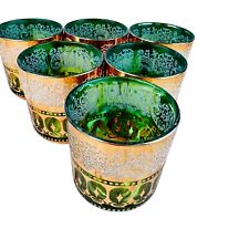 vtg emerald green & gold emboassed glasses set of 6 Tumbler mcm mod retro Korea picture