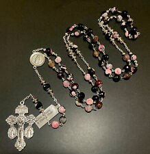 Semi Precious Pink Black Fire Agate Stone Rosary Creed Center Pardon Crucifix picture