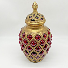 Vintage Baroque Brass Hand Blown Ruby Red Bubble Glass Lidded Apothecary Jar picture