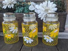 Vintage MCM Anchor Hocking Hildi Daisy Glass Jar Canisters w/ Lid (3) picture