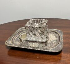 Antique Glass Crystal Inkwell & Pen Rest Silver Plate Hallmarked Stand  England picture