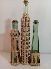 3 Vintage  Small Green Glass Straw Wrapped Bottles / Oil, Vinegar, etc. picture