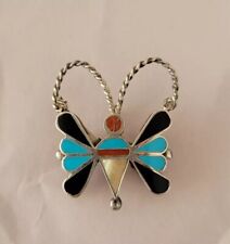 Vintage Zuni Turquoise Coral MOP Butterfly Sterling Silver Pin Brooch  Pendant picture