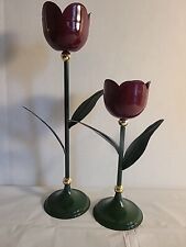 Metal Tulip Burgundy And Green Candle Sticks 10 in / 7 in picture