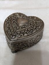 Nickel / Silver Heart Shaped Footed Jewelry Trinket Box, Blue Velveteen Lining picture