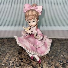 VINTAGE LEFTON FIGURINE KW3757 GIRL PINK PETTICOAT DRESS HOLDING A YELLOW BIRD picture