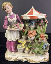 Vintage Lefton Woman W/ Plant Flower Stand Ceramic Figure 7 1/4