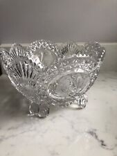 Vintage Hofbauer Etched Birds Crystal Clear Glass Lead Footed Hand cut Bowl 8.5