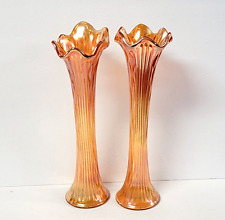 VTG 2 Fenton Fine Rib Carnival Glass Swung Vases Marigold Art Nouveau 14 Inch picture
