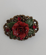 Red Faux Crystal Rhinestone Flower Ornate Filigree Brooch Lapel Pin picture