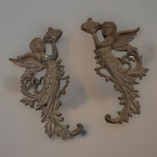 Pair Vintage Cast Iron Angel Figurines Sconces Plaques - Ornate Cast Iron Angels picture