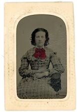 CIRCA 1860'S CDV Cartouche Hand Tinted TINTYPE Beautiful Woman Red Bow on Dress picture